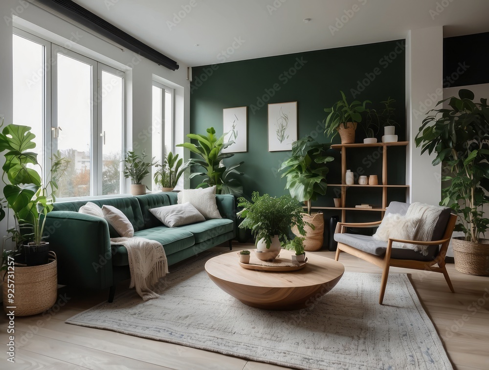 Green Living Room with Sofa, Plants, and Wooden Coffee Table Green Living Room with Sofa, Plants, and Wooden Coffee Table