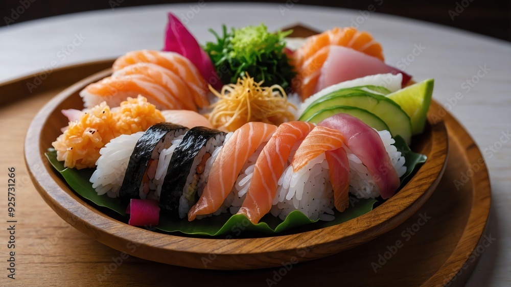 stock photography chirashi sushi served aesthetically in a wooden plate and table stock photography chirashi sushi served aesthetically in a wooden plate and table