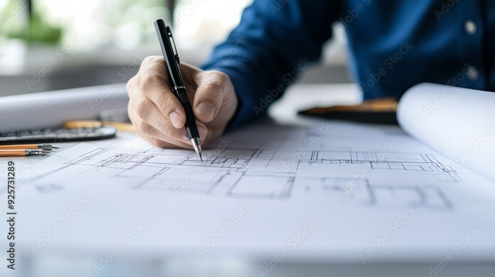 A person sketches architectural plans on paper, showcasing creativity and design skills in a bright workspace. A person sketches architectural plans on paper, showcasing creativity and design skills in a bright workspace.