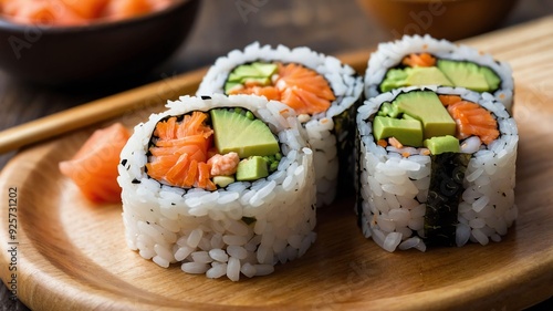 stock photography california roll sushi served aesthetically in a wooden plate and table