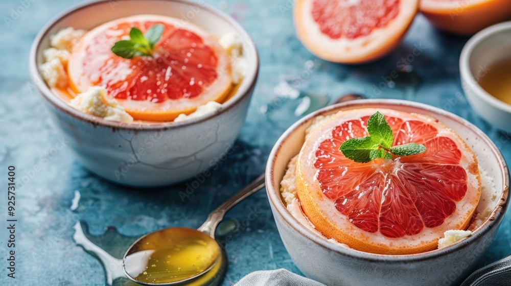 Two bowls of creamy dessert topped with grapefruit slices and mint, drizzled with honey. Two bowls of creamy dessert topped with grapefruit slices and mint, drizzled with honey.