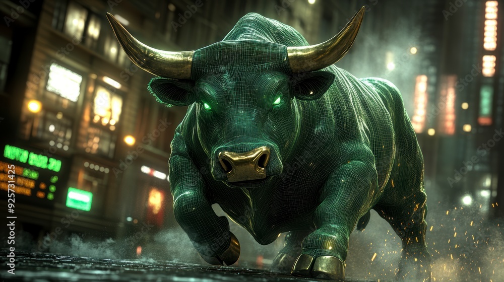 A bull against the background of glowing stock market charts, indicating a bullish trend.
