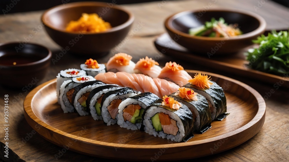 stock photography duck sushi served aesthetically in a wooden plate and table stock photography duck sushi served aesthetically in a wooden plate and table