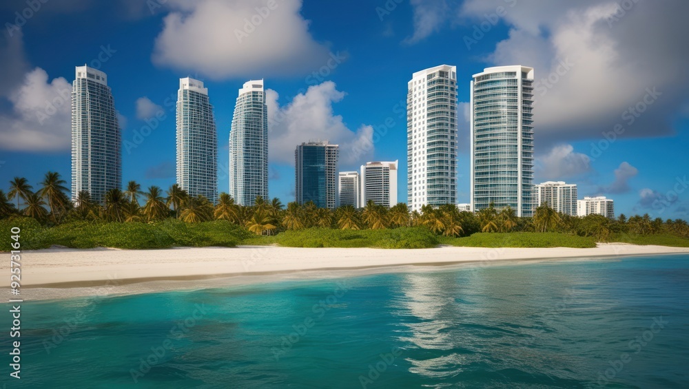 Vibrant beach scene featuring modern skyscrapers, palm trees, and crystal clear water, perfect for summer vacations and upscale travel experiences Vibrant beach scene featuring modern skyscrapers, palm trees, and crystal clear water, perfect for summer vacations and upscale travel experiences
