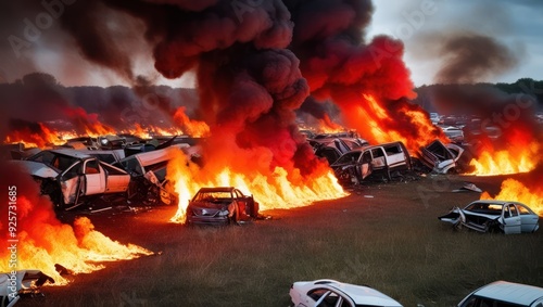 Burning cars surrounded by thick smoke create a scene of chaos and destruction, highlighting environmental impact and emergency response scenarios