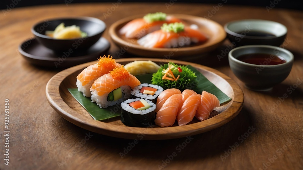 stock photography inari sushi served aesthetically in a wooden plate and table stock photography inari sushi served aesthetically in a wooden plate and table
