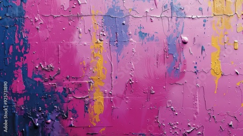 Colorful Paint Strokes and Smudges on Weathered Wall with Drips, Flows, and Sprays in Purple, Blue, Pink, Magenta, and Yellow