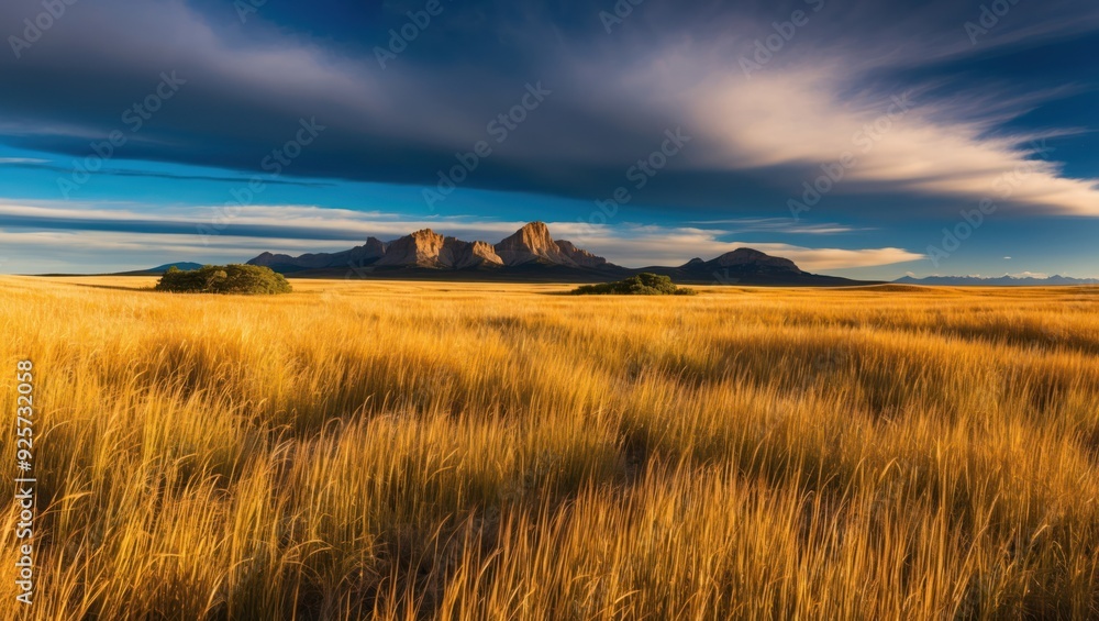 Vast golden grass field under a scenic sky with distant mountains creates a serene atmosphere perfect for travel and nature exploration Vast golden grass field under a scenic sky with distant mountains creates a serene atmosphere perfect for travel and nature exploration