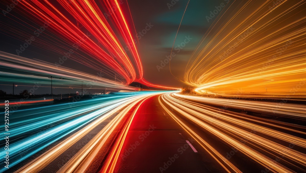 Vivid light trails along a dark highway, capturing a sense of speed and motion, perfect for themes of transportation and urban energy Vivid light trails along a dark highway, capturing a sense of speed and motion, perfect for themes of transportation and urban energy