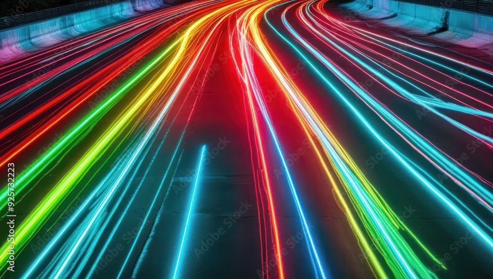 Dynamic light trails create vibrant patterns in urban landscape, showcasing motion and energy in modern transportation imagery Dynamic light trails create vibrant patterns in urban landscape, showcasing motion and energy in modern transportation imagery