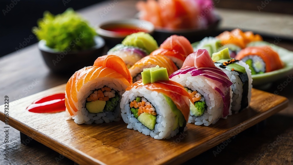 stock photography rainbow roll sushi served aesthetically in a wooden plate and table stock photography rainbow roll sushi served aesthetically in a wooden plate and table