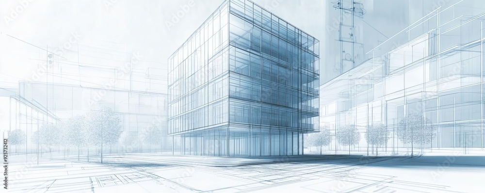 Detailed architectural blueprint A crisp, detailed blueprint with a 3D model of a modern building, surrounded by technical drawings Detailed architectural blueprint A crisp, detailed blueprint with a 3D model of a modern building, surrounded by technical drawings
