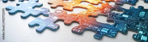 Technology integration puzzle Puzzle pieces with embedded digital circuits connecting together, representing the integration of multiple APIs