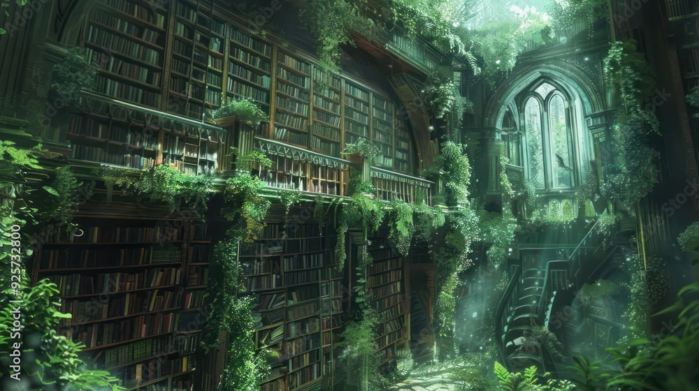 Enchanted Overgrowth: A Digital Illustration of a Fantasy Library, Created with Generative AI Enchanted Overgrowth: A Digital Illustration of a Fantasy Library, Created with Generative AI