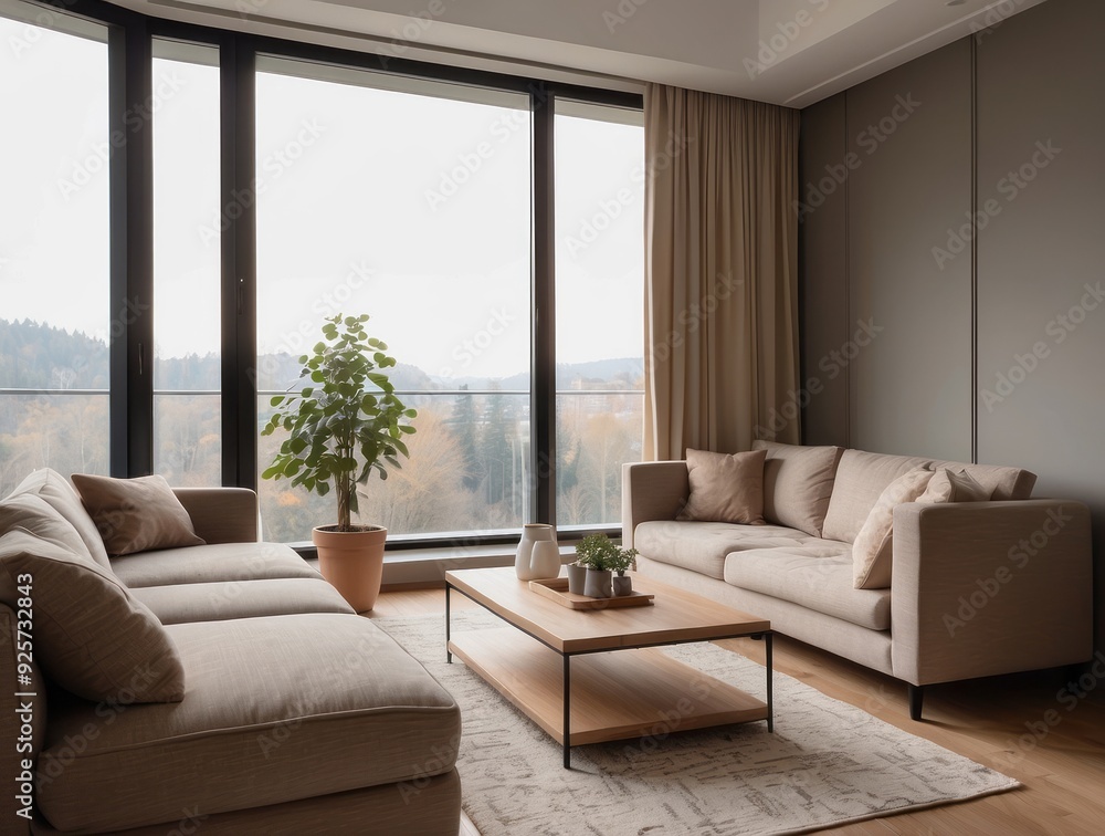 Fototapeta premium Modern Living Room with Beige Sofa, Coffee Table, and Panoramic View