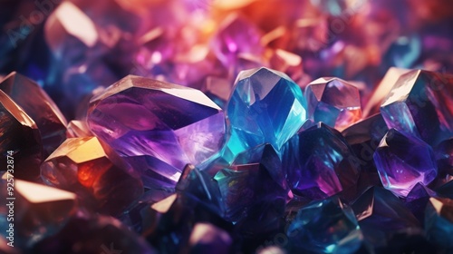 Colorful crystals and gems with bokeh background