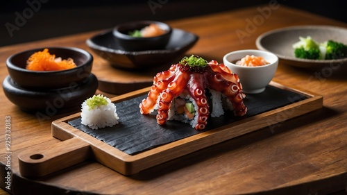 stock photography tako octopus handformed sushi served aesthetically in a wooden plate and table photo