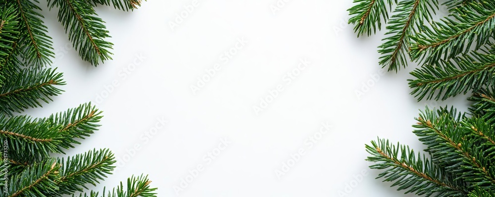 Closeup of a festive pine branch arrangement framing the corners of a minimal white background Closeup of a festive pine branch arrangement framing the corners of a minimal white background