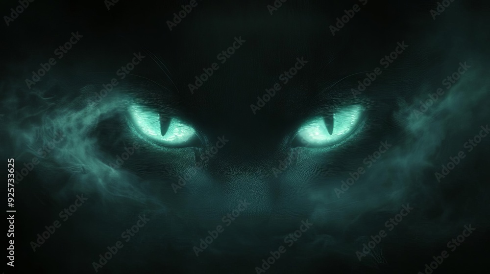 A pair of glowing catlike eyes emerging from the shadows, with a subtle misty effect in the background A pair of glowing catlike eyes emerging from the shadows, with a subtle misty effect in the background