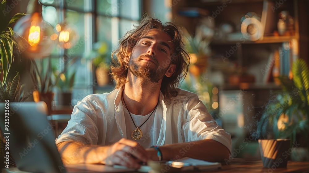 Employee practicing deep breathing at a standing desk, integrating mindfulness into work. Employee practicing deep breathing at a standing desk, integrating mindfulness into work.