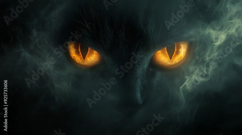 A pair of glowing catlike eyes emerging from the shadows, with a subtle misty effect in the background