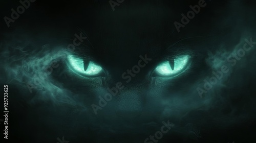 A pair of glowing catlike eyes emerging from the shadows, with a subtle misty effect in the background