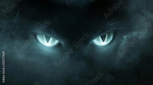 A pair of glowing catlike eyes emerging from the shadows, with a subtle misty effect in the background
