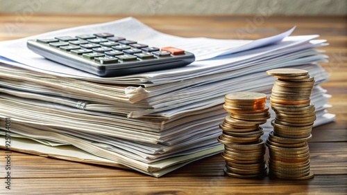 Stack of paperwork and calculator surrounded by scattered coins and bills, representing the financial burden and stress of student loan debt on a college education. photo