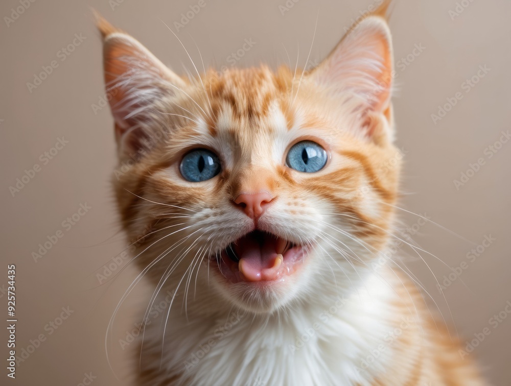 Close-Up Portrait of a Ginger Kitten with Open Mouth and Blue Eyes Close-Up Portrait of a Ginger Kitten with Open Mouth and Blue Eyes