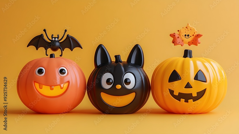 Halloween 3D cartoon collection with a bat, a spider, and a grinning pumpkin, designed for holiday greeting cards. Halloween 3D cartoon collection with a bat, a spider, and a grinning pumpkin, designed for holiday greeting cards.