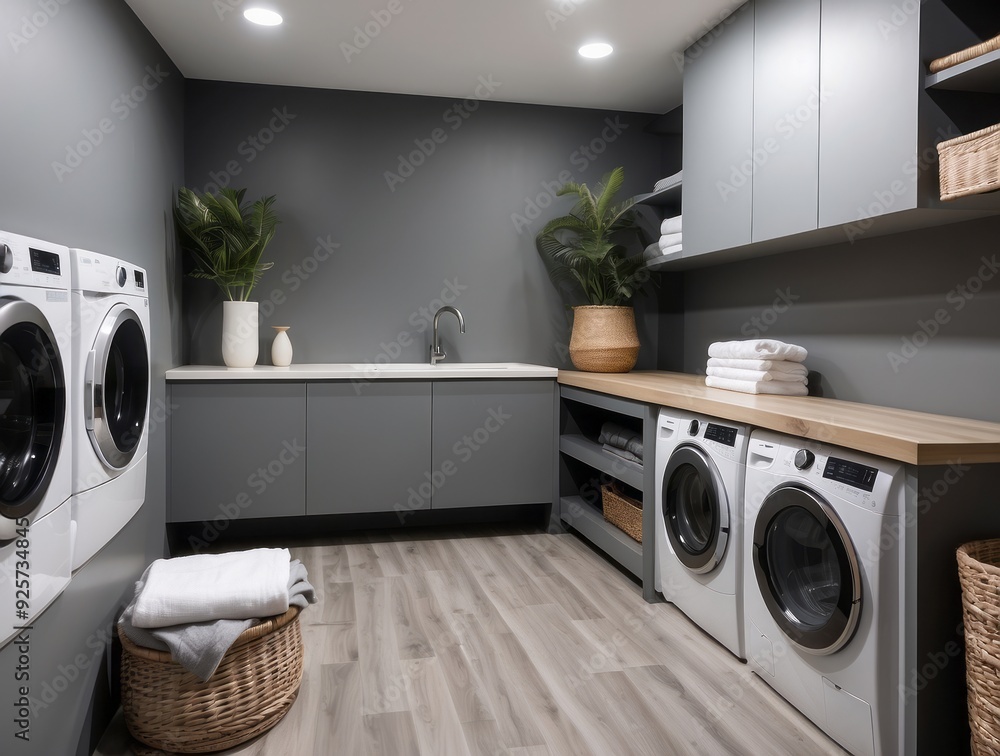 Modern Laundry Room with White Appliances and Gray Cabinets Modern Laundry Room with White Appliances and Gray Cabinets