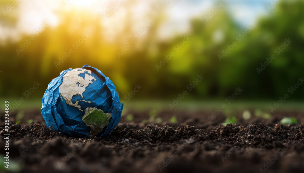 A blue paper globe is on the ground in front of a green forest. The globe is slightly crushed and has a hole in it. Concept of fragility and vulnerability, as the globe is made of paper A blue paper globe is on the ground in front of a green forest. The globe is slightly crushed and has a hole in it. Concept of fragility and vulnerability, as the globe is made of paper