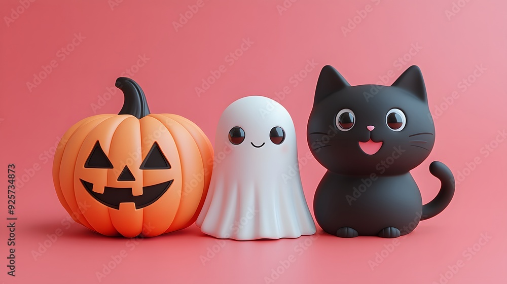 Set of 3D cartoon Halloween elements with a magic book, a ghost, and a black cat, perfect for festive cards. Set of 3D cartoon Halloween elements with a magic book, a ghost, and a black cat, perfect for festive cards.