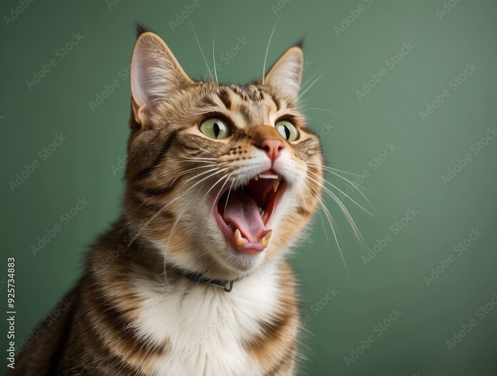 Close-up of a Tabby Cat with its Mouth Open and Green Eyes Close-up of a Tabby Cat with its Mouth Open and Green Eyes