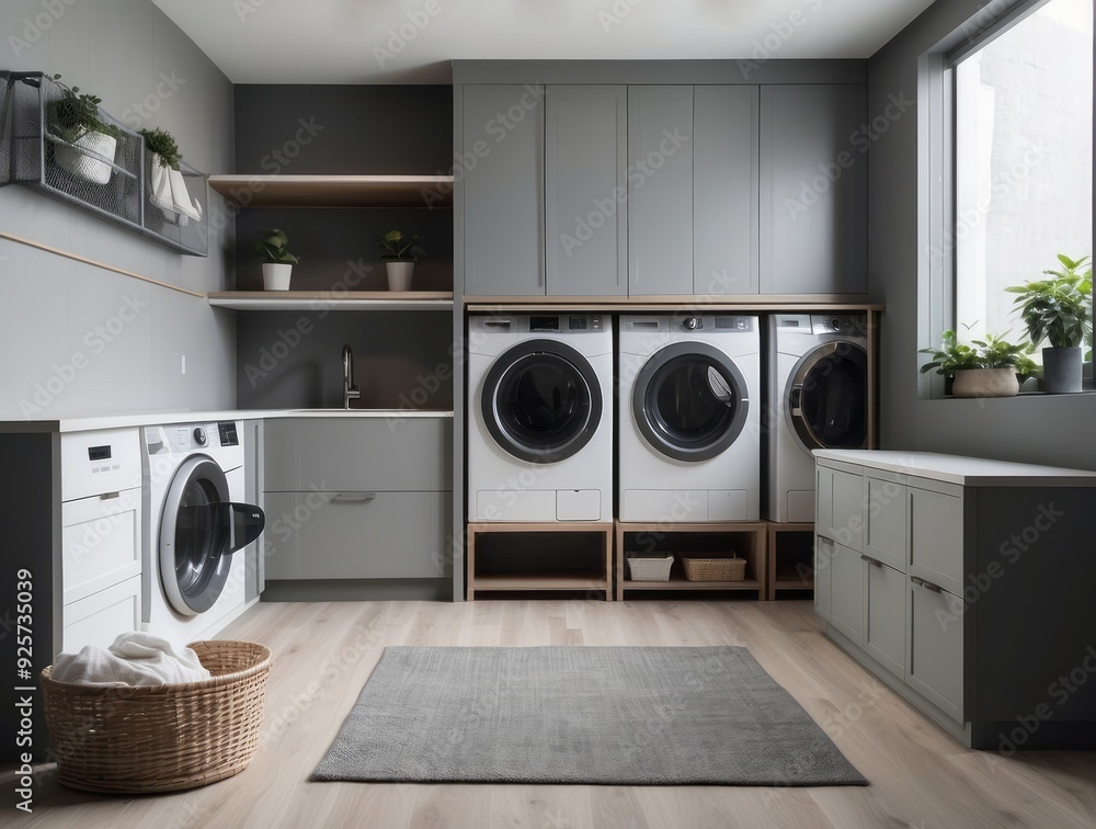 Modern Laundry Room with Three Washing Machines and Grey Cabinets Modern Laundry Room with Three Washing Machines and Grey Cabinets