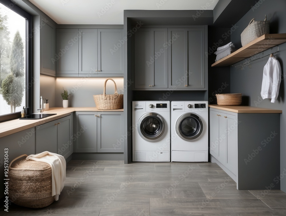 Modern Laundry Room with Gray Cabinets, White Washer and Dryer, and Wooden Accents Modern Laundry Room with Gray Cabinets, White Washer and Dryer, and Wooden Accents