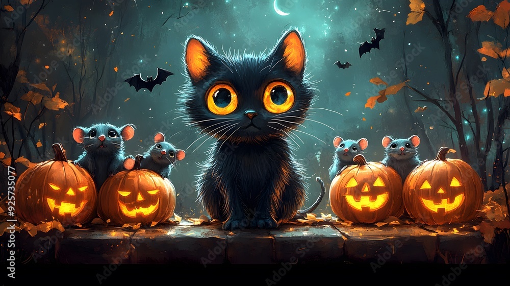 3D cartoon style Halloween card with a black cat, pumpkins, and a group of mice, ideal for festive trick or treat banners. 3D cartoon style Halloween card with a black cat, pumpkins, and a group of mice, ideal for festive trick or treat banners.