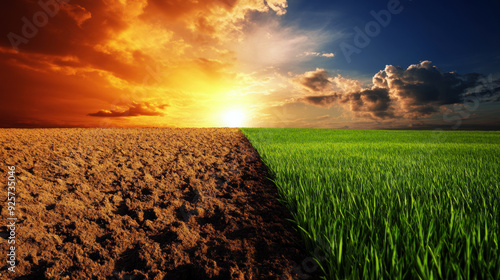 A field with a sun setting in the background. The field is divided into two halves, one half is dry and the other half is green