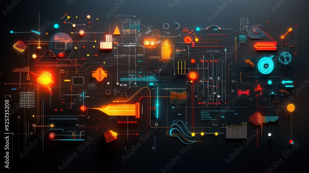 An assortment of neon stickers with abstract shapes and patterns in electric colors like neon orange, turquoise, and lime green, set against a dark background to highlight their luminosity An assortment of neon stickers with abstract shapes and patterns in electric colors like neon orange, turquoise, and lime green, set against a dark background to highlight their luminosity