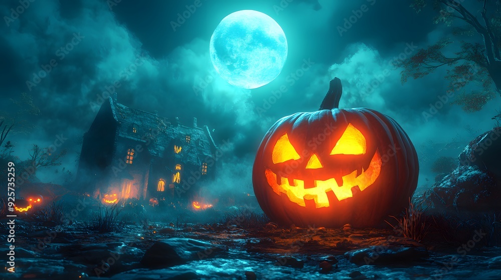 Spooky Halloween setting featuring a carved pumpkin, eerie haunted house, and full moon in a 3D cartoon animation. Spooky Halloween setting featuring a carved pumpkin, eerie haunted house, and full moon in a 3D cartoon animation.