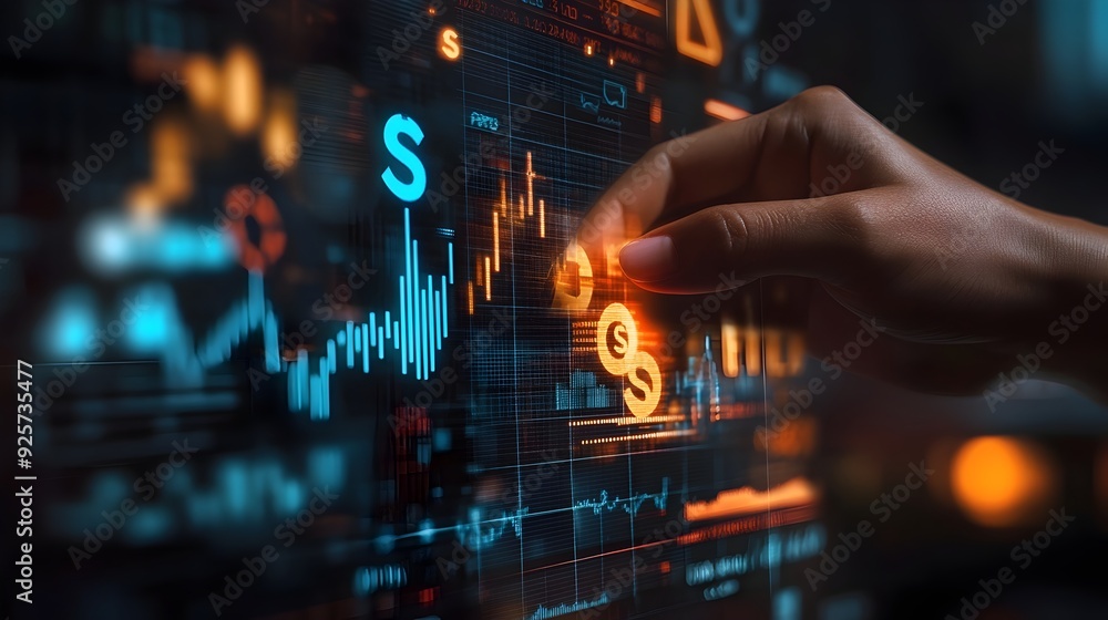 Hand Swiping Through Holographic Business Icons with Graphs and Dollar Signs Hand Swiping Through Holographic Business Icons with Graphs and Dollar Signs