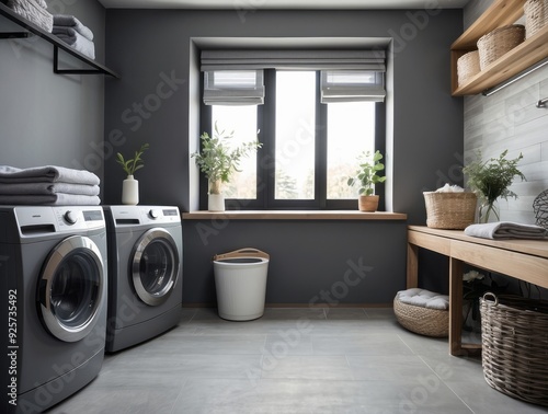 Modern Laundry Room with Gray Walls, Windows, and Washing Machines