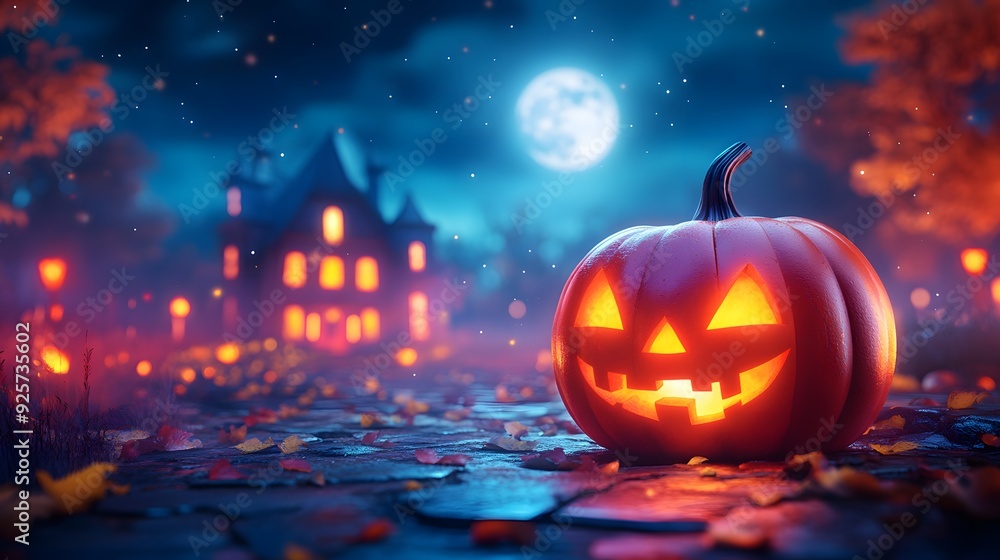 3D cartoon Halloween night animation with a grinning pumpkin, haunted house, and full moon glowing in the sky. 3D cartoon Halloween night animation with a grinning pumpkin, haunted house, and full moon glowing in the sky.