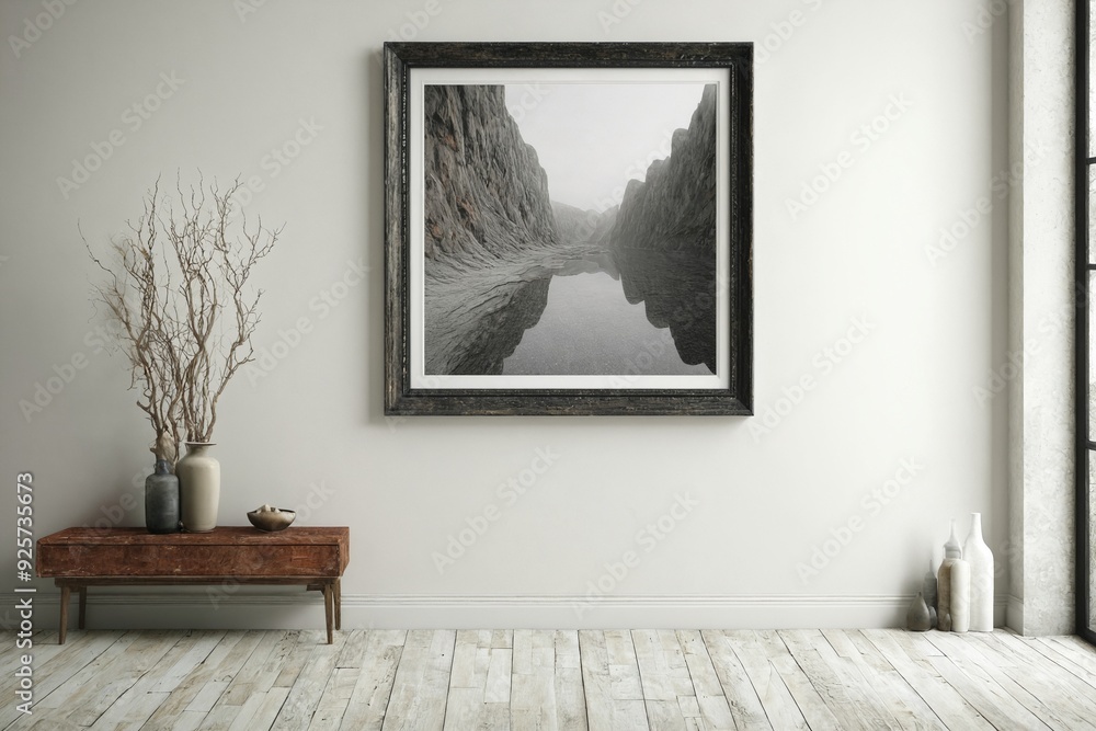 Fototapeta premium Framed Artwork on Wall with Vases and Dried Branches