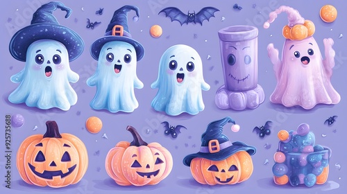 3D cartoon Halloween elements set with cute ghosts, spooky hats, and festive candy, perfect for creating holiday posters.