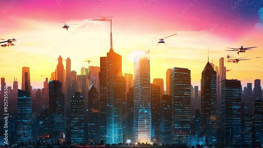 A vibrant city skyline at night with colorful lights and a serene atmosphere. A vibrant city skyline at night with colorful lights and a serene atmosphere.
