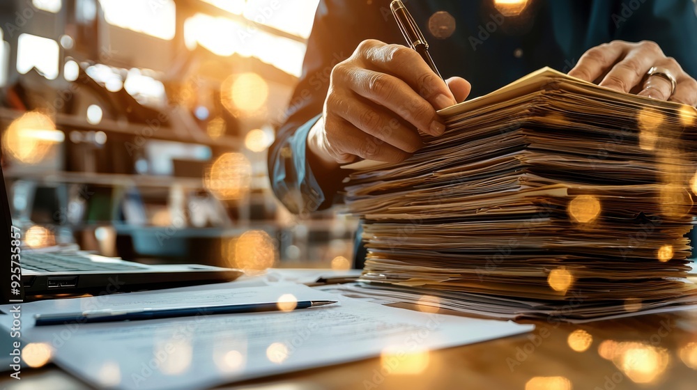 Foto de An attorney preparing for trial with a stack of legal files and ...