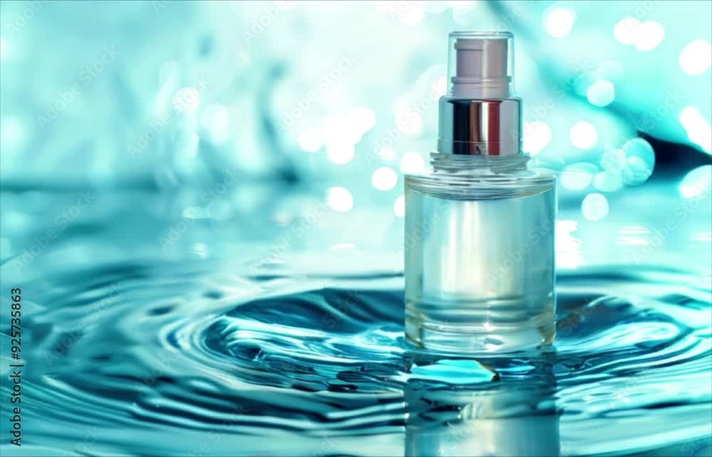Cosmetic perfume spray bottle on water surface. Makeup and skincare concept for beauty, healthcare and fashion industry Cosmetic perfume spray bottle on water surface. Makeup and skincare concept for beauty, healthcare and fashion industry