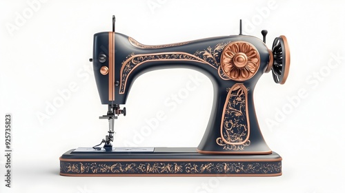 Ornate Retro style 3D Rendered Sewing Machine with Hand Crank on White Background