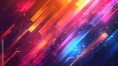 Abstract background with bright colorful diagonal lines and glowing particles.